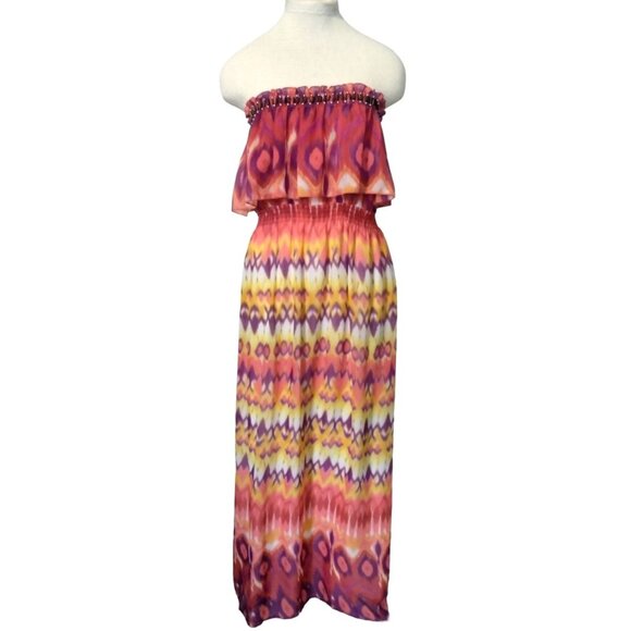 2b Bebe Strapless Maxi Dress With Beaded Top & Vibrant Boho Print Size Medium - Picture 2 of 9